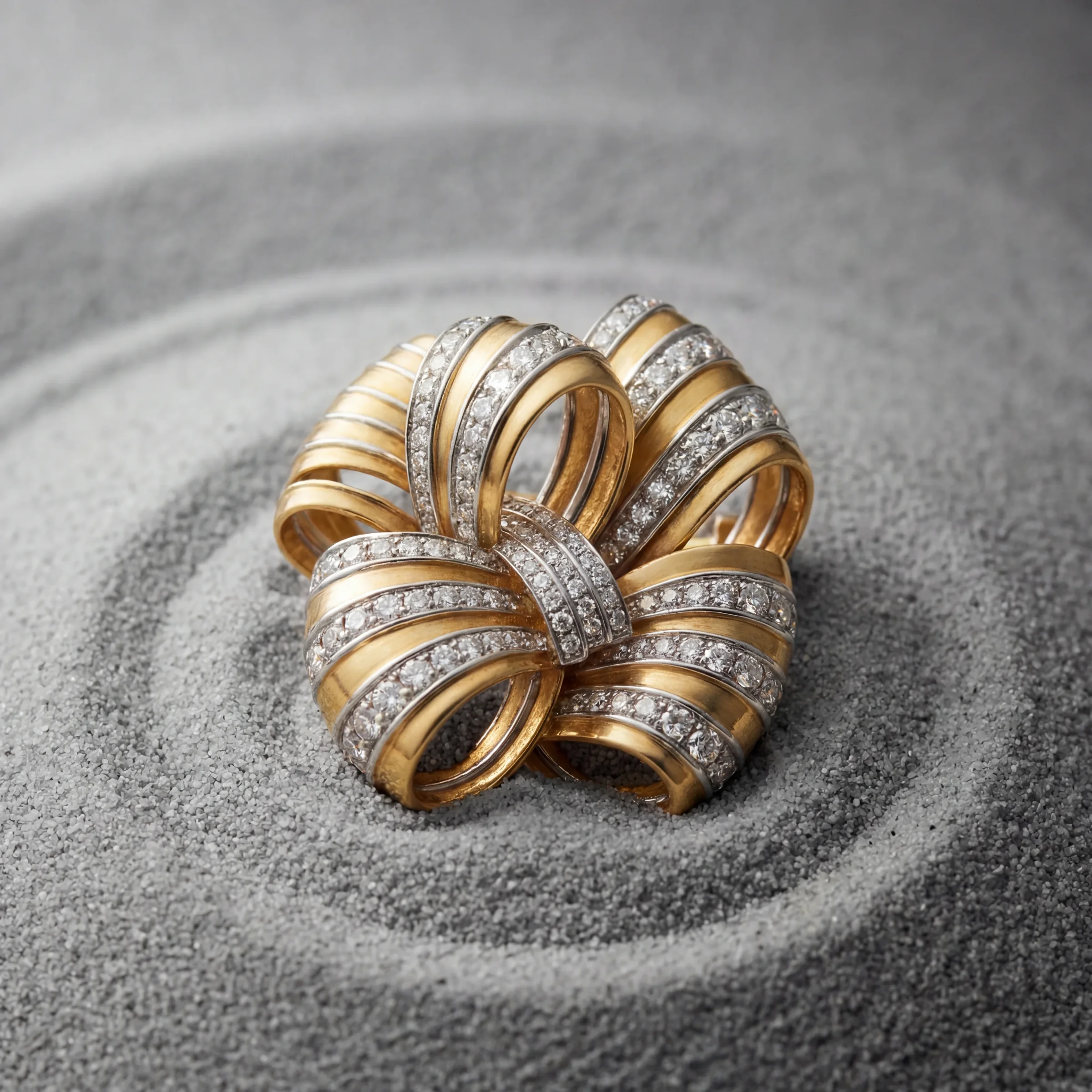 Gold diamond knot ring on textured grey sand
