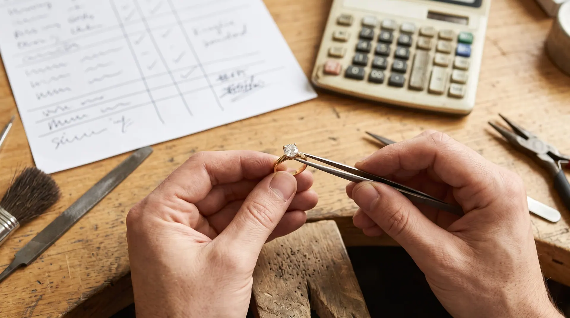 A jeweler holds a custom ring over a pricing worksheet, illustrating the process of calculating a price without guesswork.