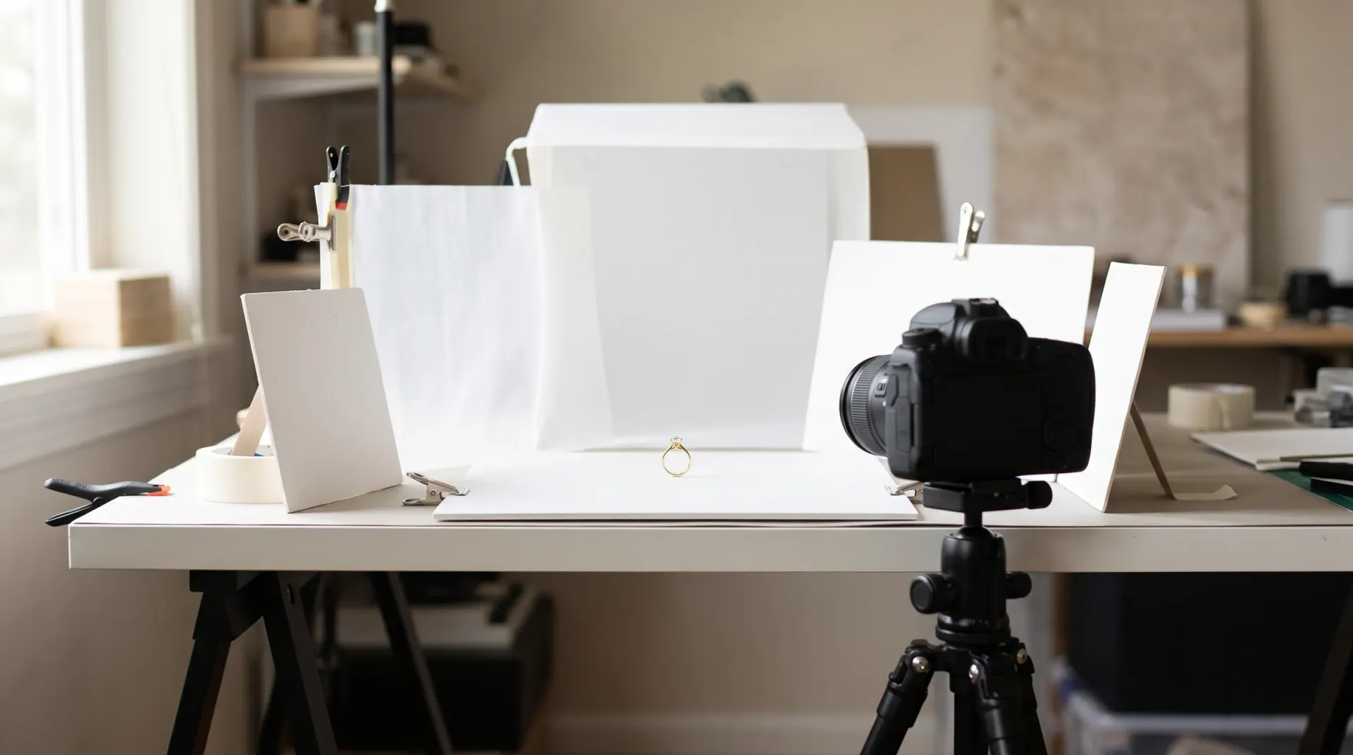 One small gold ring, and everything built around it to photograph it: white cards, a diffusion sheet, a light tent and a camera.