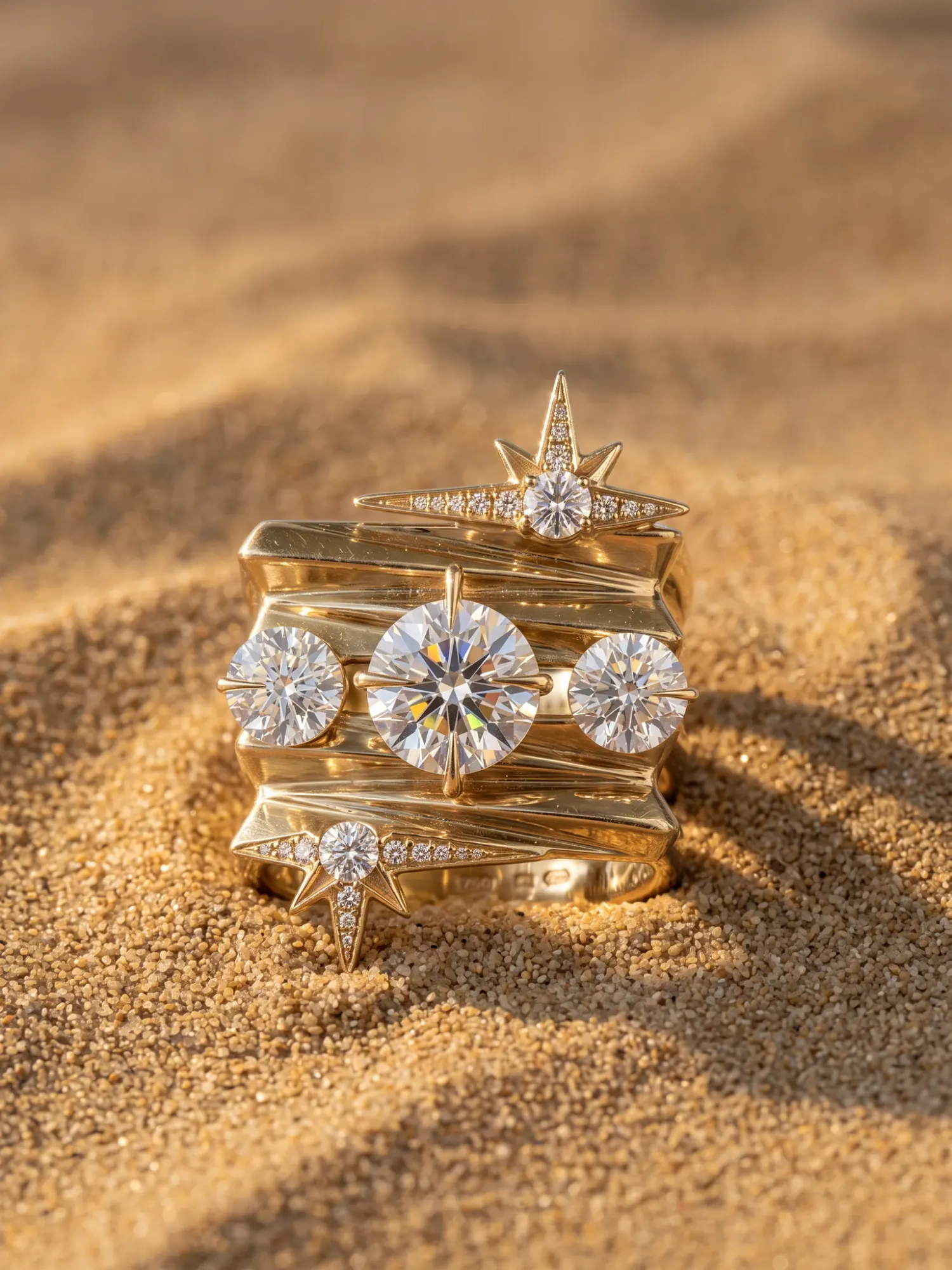 The ring resting on sand in warm light