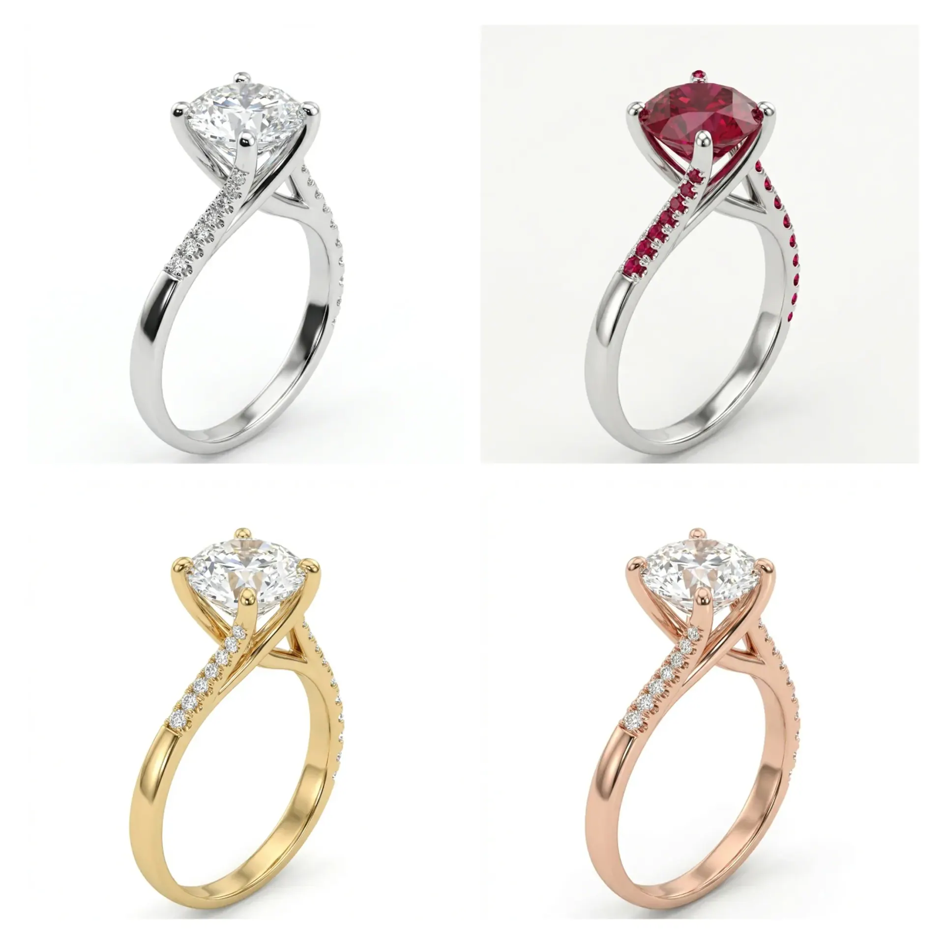 La même bague solitaire déclinée en quatre choix de métal et de pierre