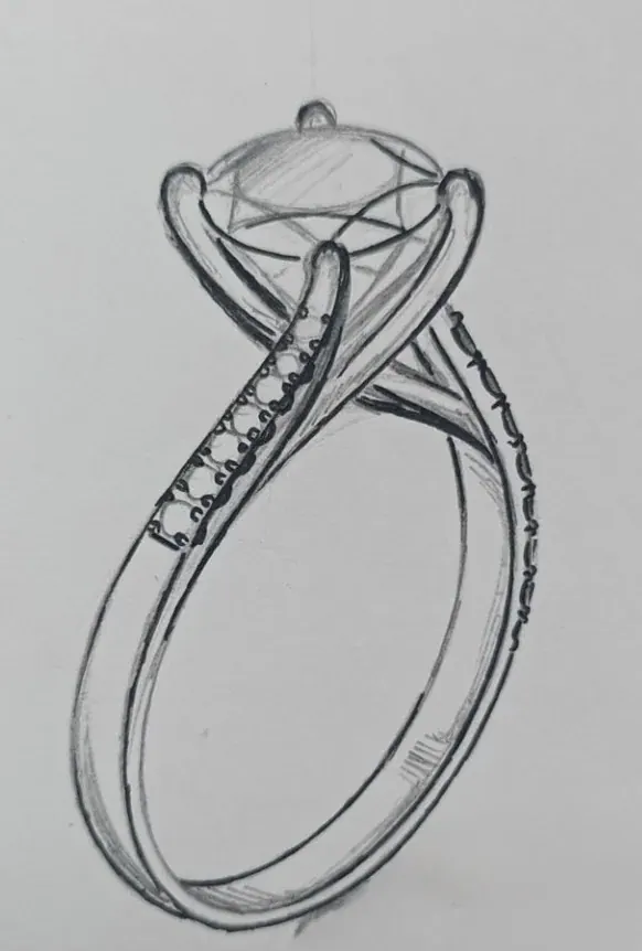 Croquis de bague solitaire montrant la silhouette et la disposition des pierres