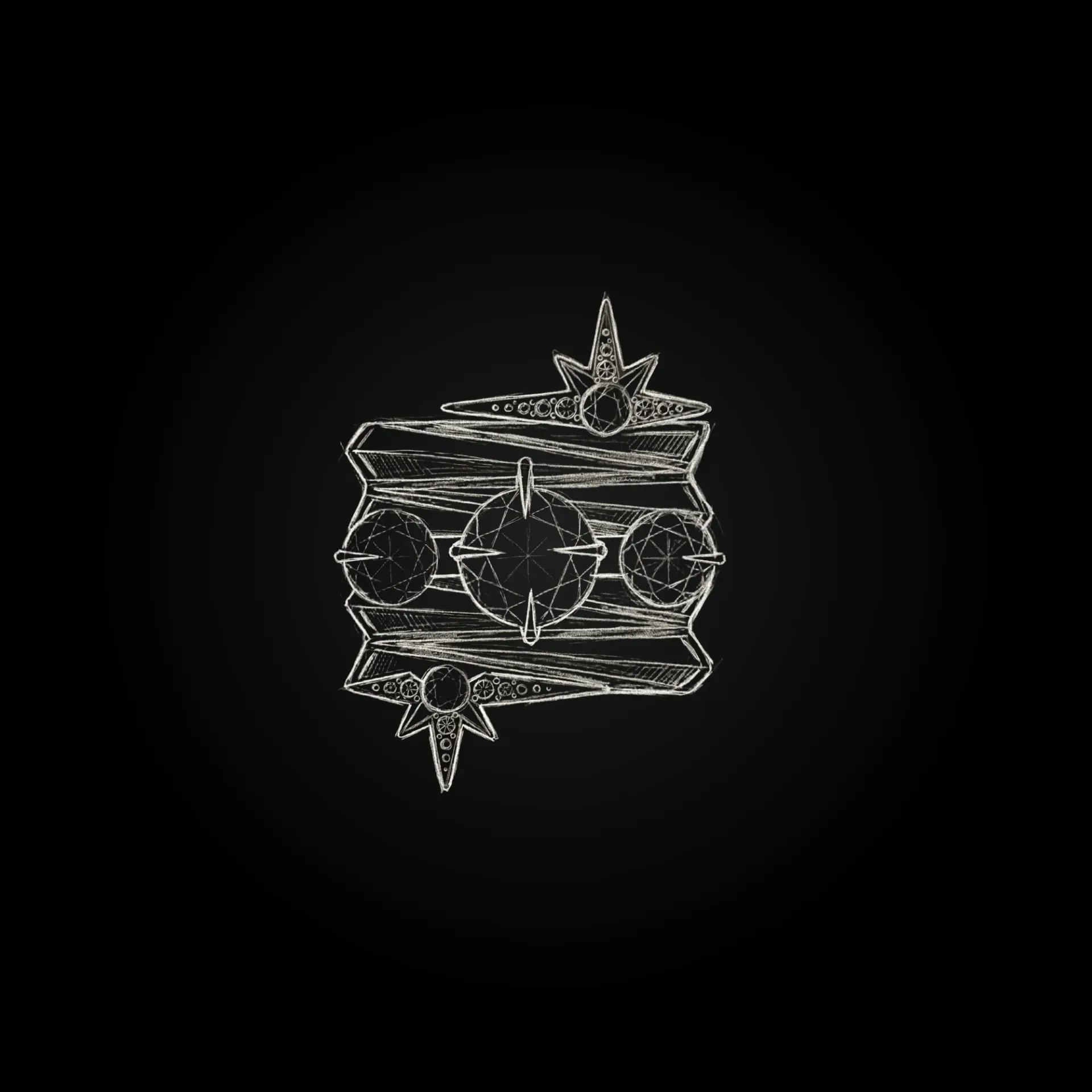 Line sketch of a ring set with three round stones and two star motifs