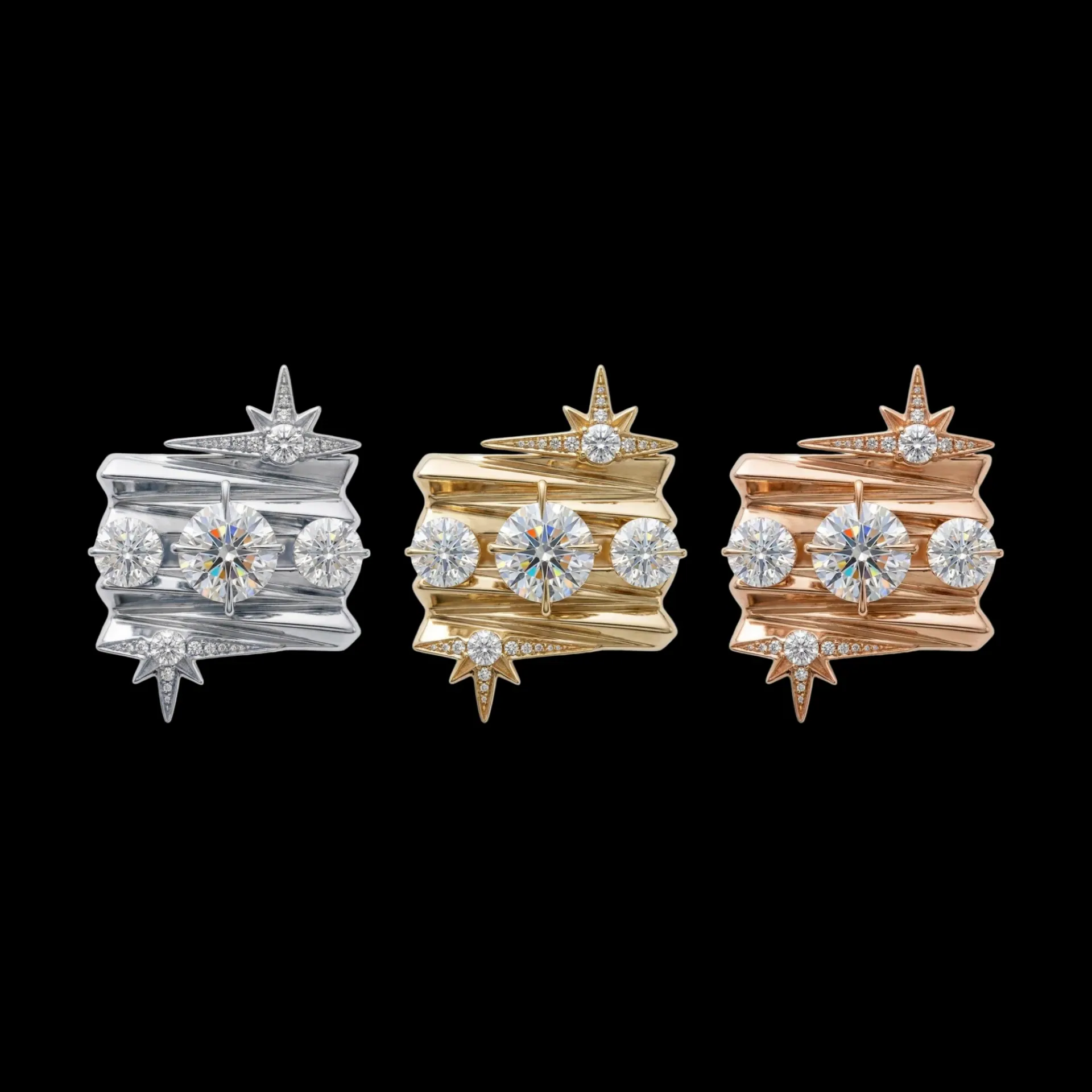 La même bague en or blanc, or jaune et or rose, côte à côte
