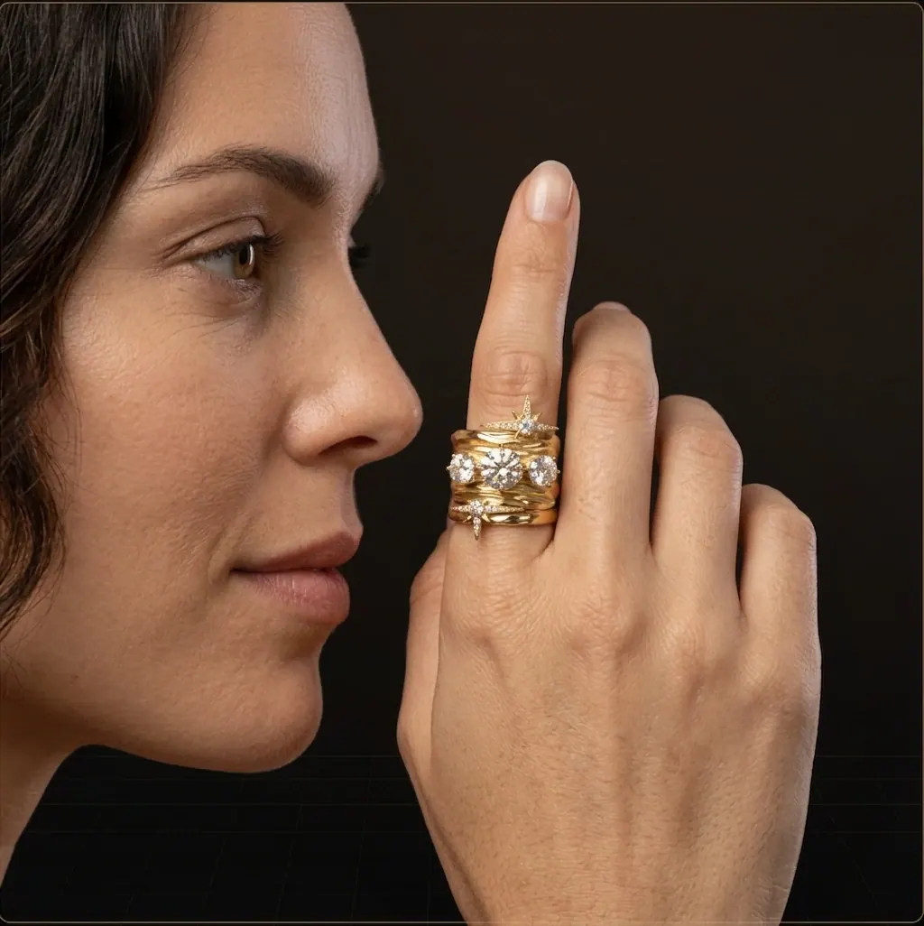 Profile of a woman wearing the ring, her hand raised beside her face
