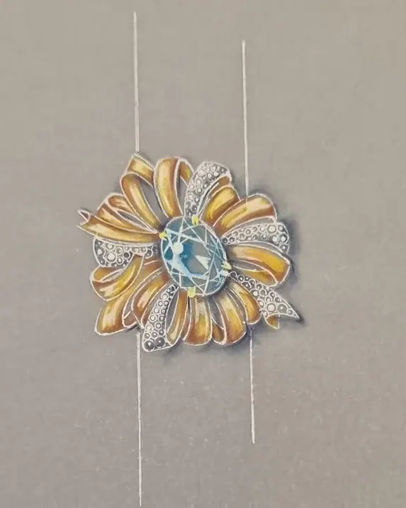Colored sketch of a gold flower ring with an aquamarine