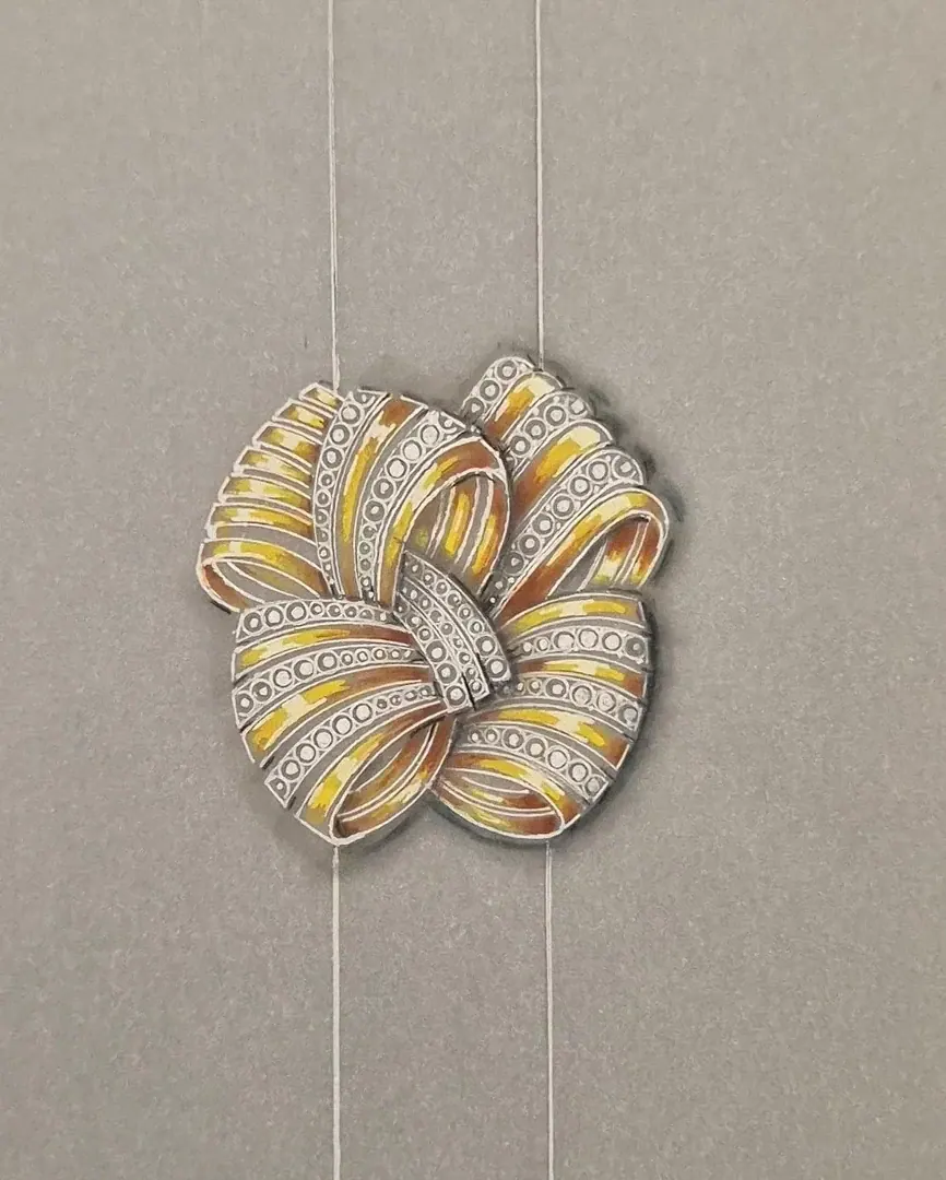 Colored sketch of a gold bow set with diamonds