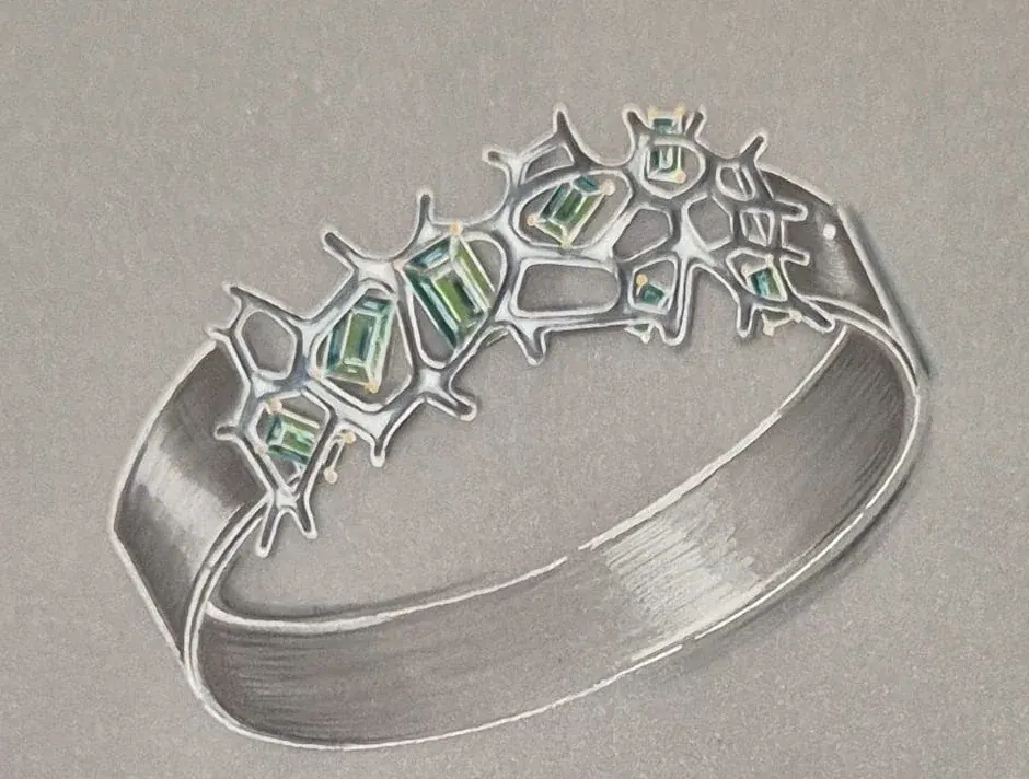 Sketch of a cuff set with green stones