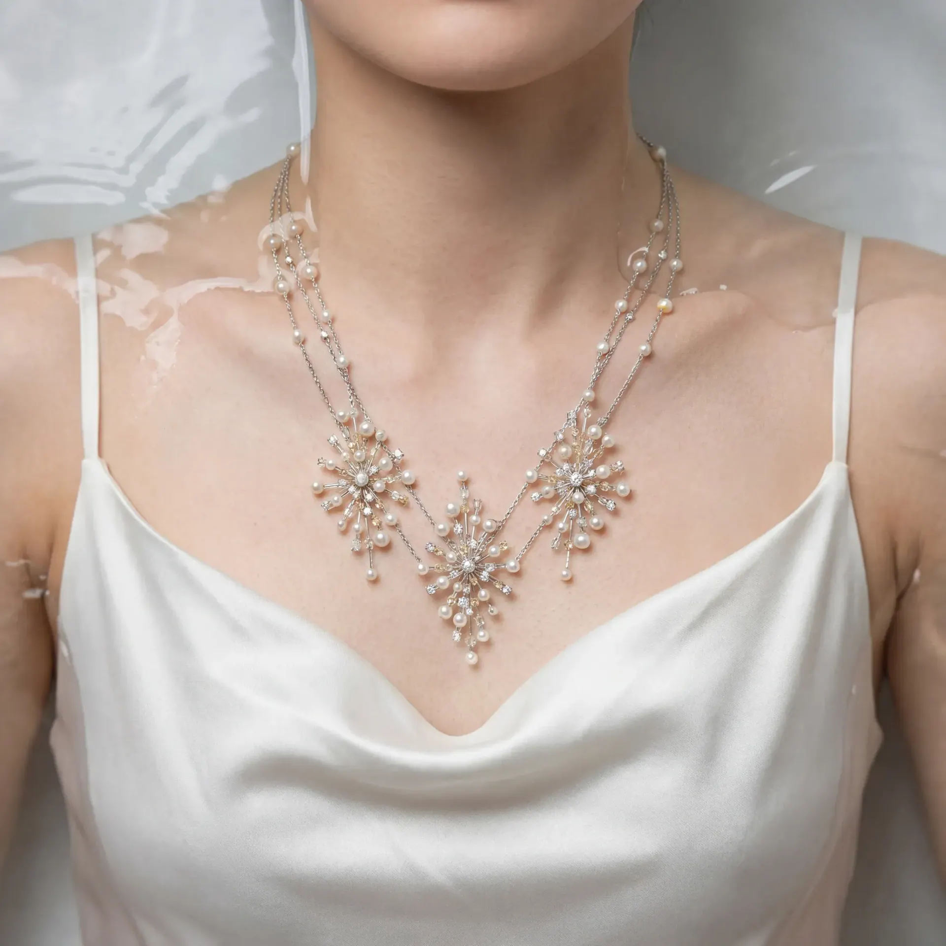The starburst necklace worn with a white dress