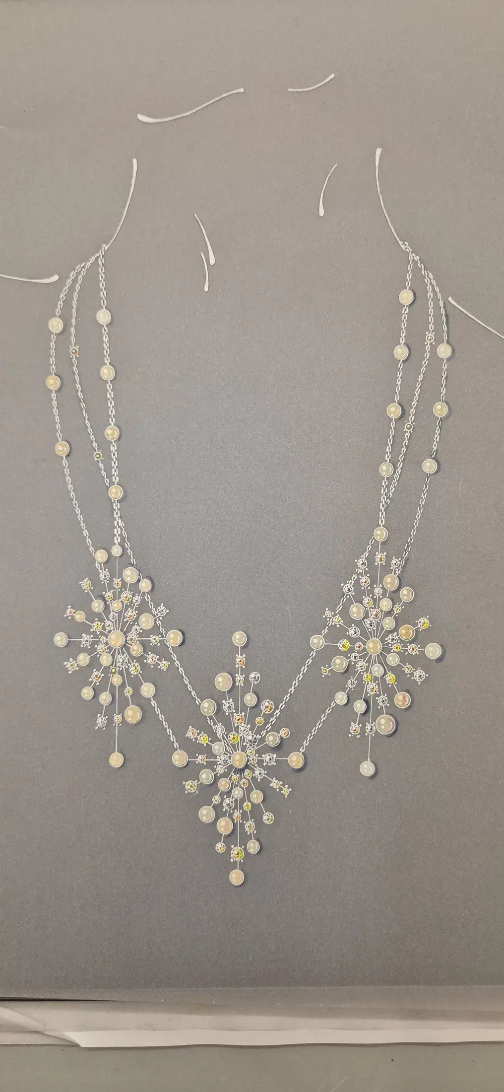 Sketch of a pearl and diamond starburst necklace